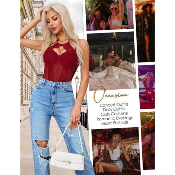 Women Teddy Lingerie Sexy Snap Crotch Lace Bodysuit Red - Picture 4 of 6